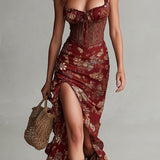Sara - Korsett-Maxikleid mit Blumenprint und hohem Schlitz