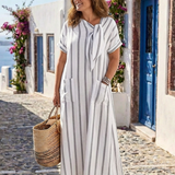 Elaris - Kurzarm Striped Tie Neck Tasche Midikleid