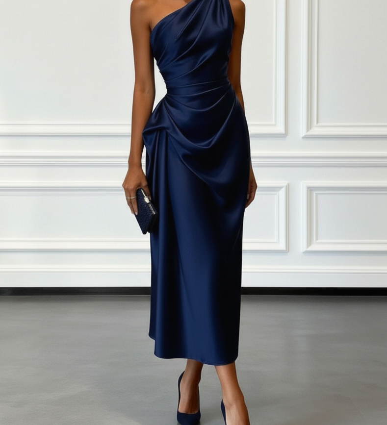 Caille - ärmelloses Satin-Midikleid in Champagner mit Rüschen, einseitig schulterfrei