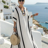 Elvienne - gestreiftes Maxikleid mit Kurzarm und Colour-Blocking