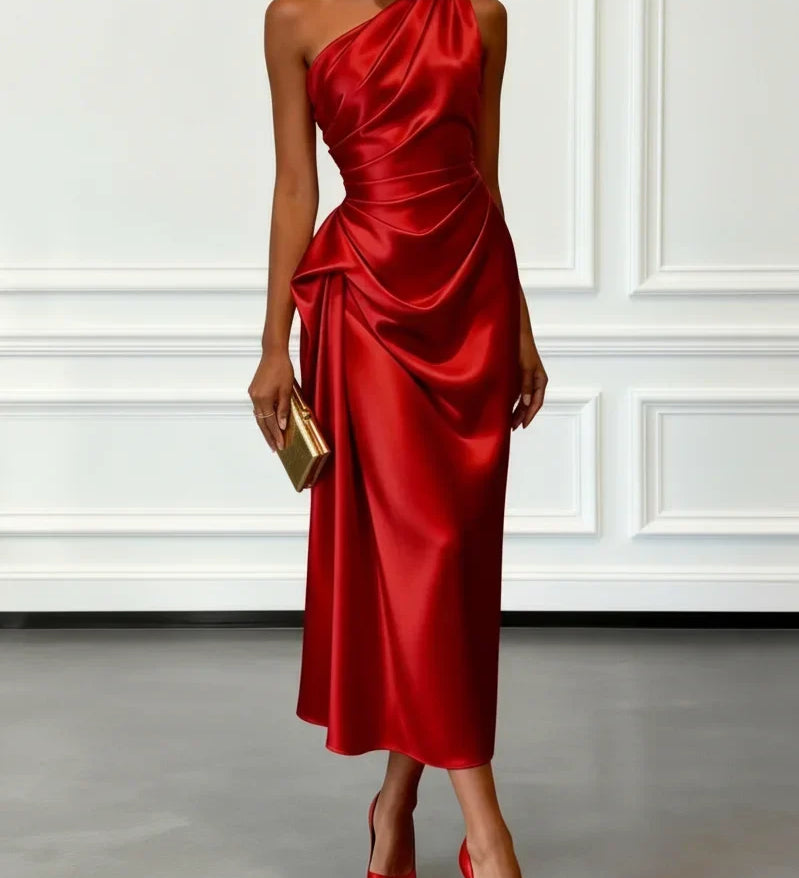 Caille - ärmelloses Satin-Midikleid in Champagner mit Rüschen, einseitig schulterfrei