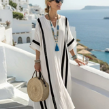 Elvienne - gestreiftes Maxikleid mit Kurzarm und Colour-Blocking