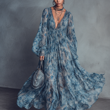 Grace - blaues Boho-Chiffon-Maxikleid mit Blumenprint