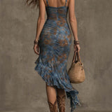 Brenda - Batik-Midikleid mit Raffung und asymmetrischem Rüschensaum