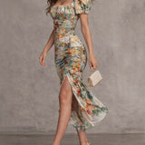 Carmen - Retro-elegantes Midikleid mit Blumenmuster, Raffung und eckigem Ausschnitt