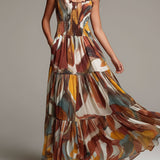Celine - bunt-abstraktes Boho-Maxikleid mit gesmoktem Oberteil