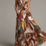 Celine - bunt-abstraktes Boho-Maxikleid mit gesmoktem Oberteil