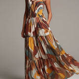 Celine - bunt-abstraktes Boho-Maxikleid mit gesmoktem Oberteil