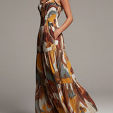 Celine - bunt-abstraktes Boho-Maxikleid mit gesmoktem Oberteil
