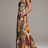 Celine - bunt-abstraktes Boho-Maxikleid mit gesmoktem Oberteil