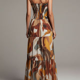 Celine - bunt-abstraktes Boho-Maxikleid mit gesmoktem Oberteil
