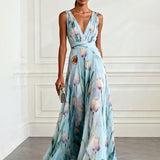 Nerea - elegantes Maxikleid mit Tulpenprint und V-Ausschnitt