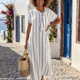 Elaris - Kurzarm Striped Tie Neck Tasche Midikleid
