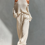 Thalia - beiges Set aus schulterfreiem Strick-Top und weiter Hose