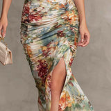 Carmen - Retro-elegantes Midikleid mit Blumenmuster, Raffung und eckigem Ausschnitt