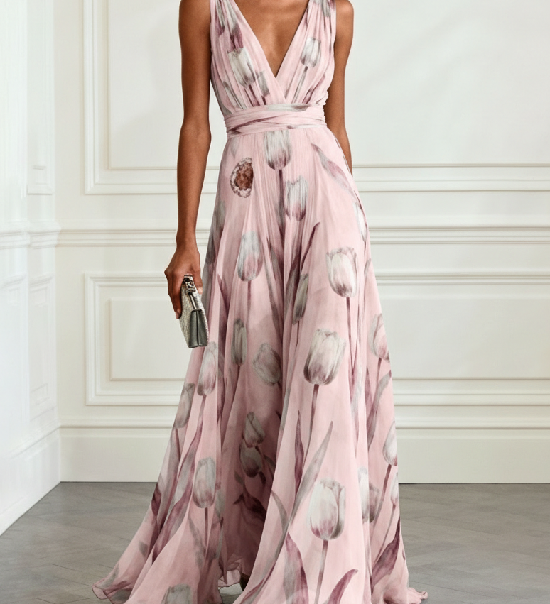 Nerea - elegantes Maxikleid mit Tulpenprint und V-Ausschnitt