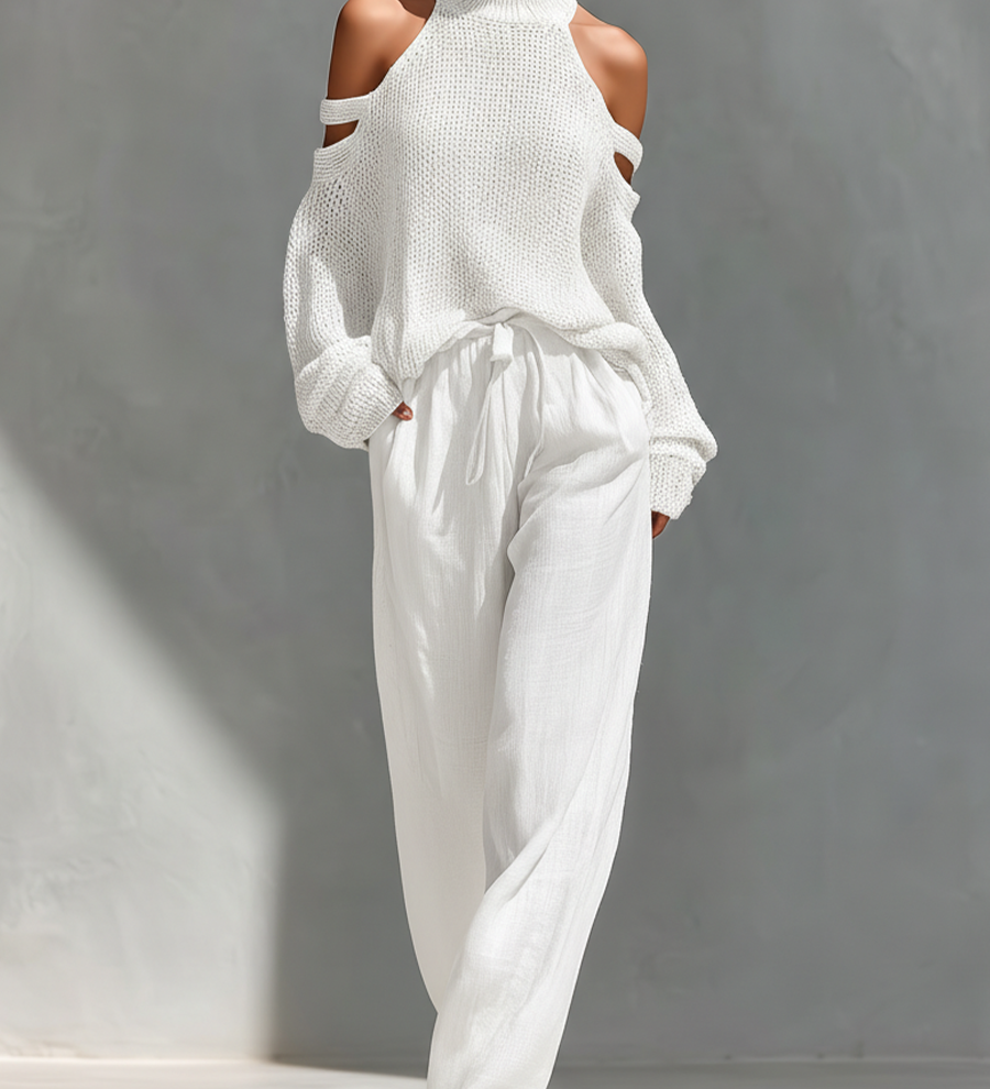 Thalia - beiges Set aus schulterfreiem Strick-Top und weiter Hose