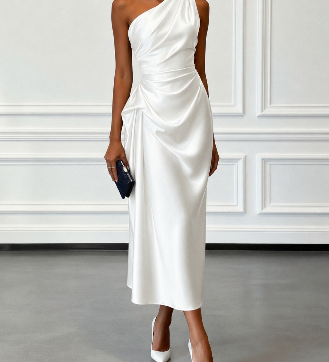 Caille - ärmelloses Satin-Midikleid in Champagner mit Rüschen, einseitig schulterfrei