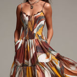 Celine - bunt-abstraktes Boho-Maxikleid mit gesmoktem Oberteil