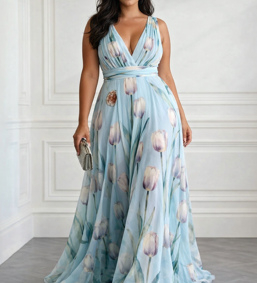 Nerea - elegantes Maxikleid mit Tulpenprint und V-Ausschnitt