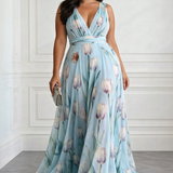 Nerea - elegantes Maxikleid mit Tulpenprint und V-Ausschnitt