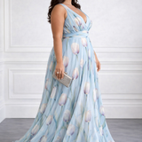 Nerea - elegantes Maxikleid mit Tulpenprint und V-Ausschnitt