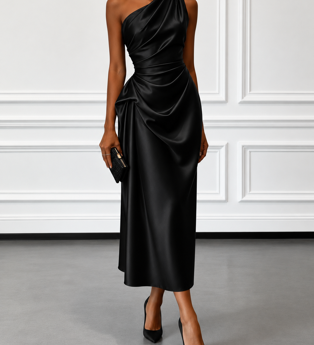 Caille - ärmelloses Satin-Midikleid in Champagner mit Rüschen, einseitig schulterfrei