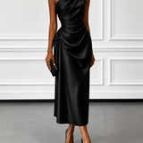 Caille - ärmelloses Satin-Midikleid in Champagner mit Rüschen, einseitig schulterfrei