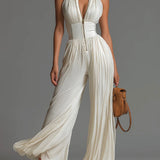 Abigail - plissierter Chiffon-Jumpsuit mit V-Ausschnitt, weitem Bein und Reißverschluss