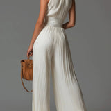 Abigail - plissierter Chiffon-Jumpsuit mit V-Ausschnitt, weitem Bein und Reißverschluss
