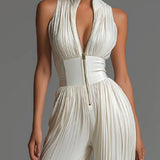 Abigail - plissierter Chiffon-Jumpsuit mit V-Ausschnitt, weitem Bein und Reißverschluss