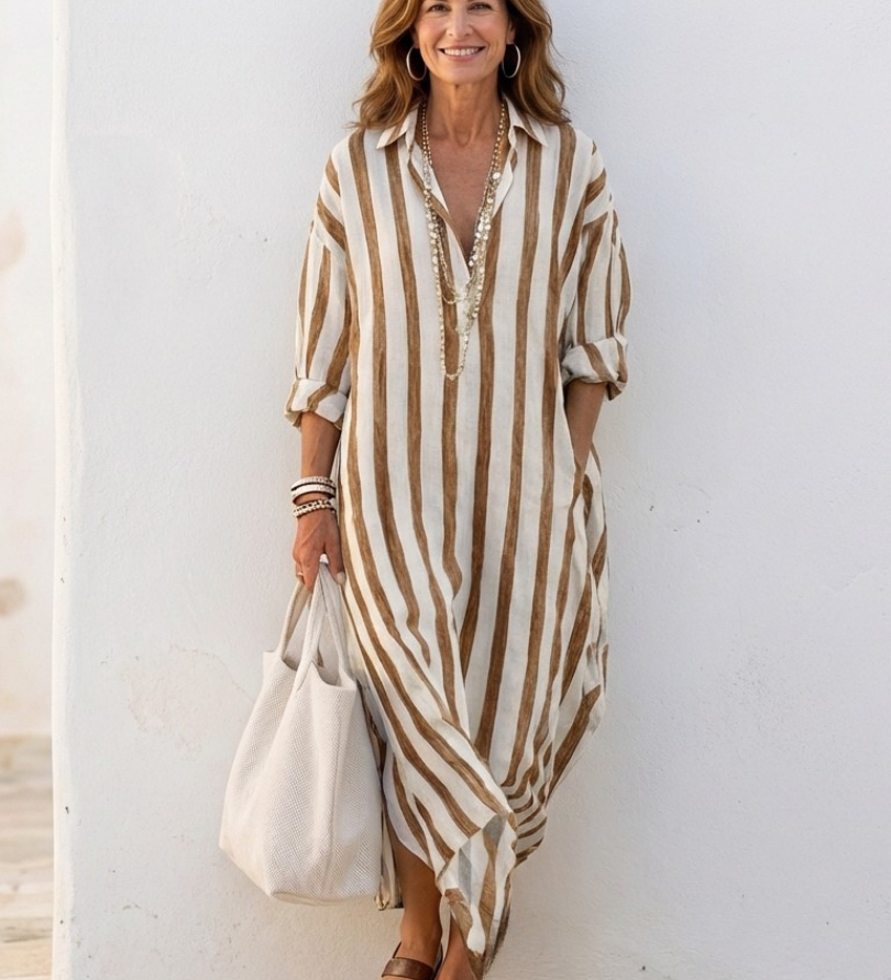 Naomi - gestreiftes Midi-Hemdkleid mit langen Ärmeln