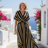Lina - gestreiftes Wickel-Midikleid mit V-Ausschnitt und Kurzarm
