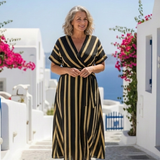 Lina - gestreiftes Wickel-Midikleid mit V-Ausschnitt und Kurzarm