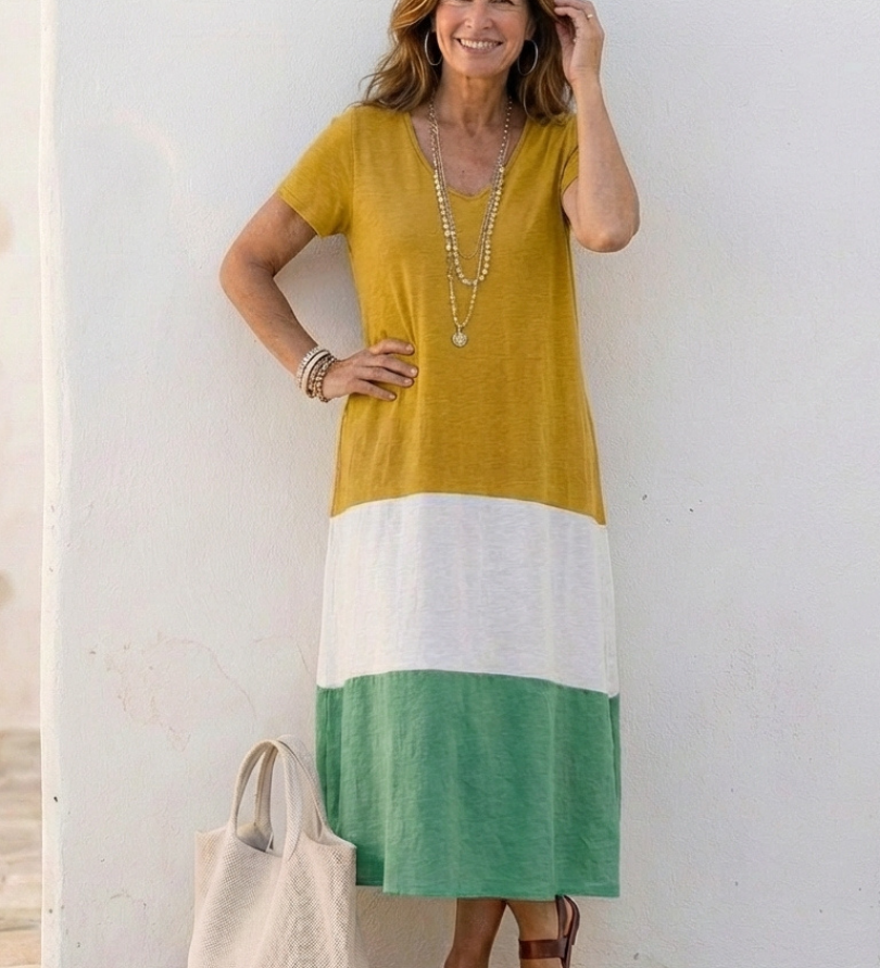 Thalia - Midikleid mit V-Ausschnitt, Kurzarm und Colour-Blocking