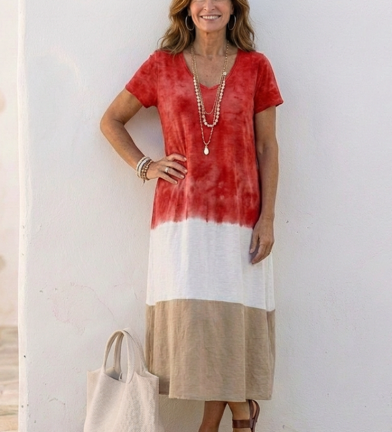 Thalia - Midikleid mit V-Ausschnitt, Kurzarm und Colour-Blocking