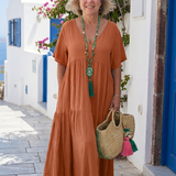 Zinnia - blaues Stufen-Maxikleid mit Kurzarm