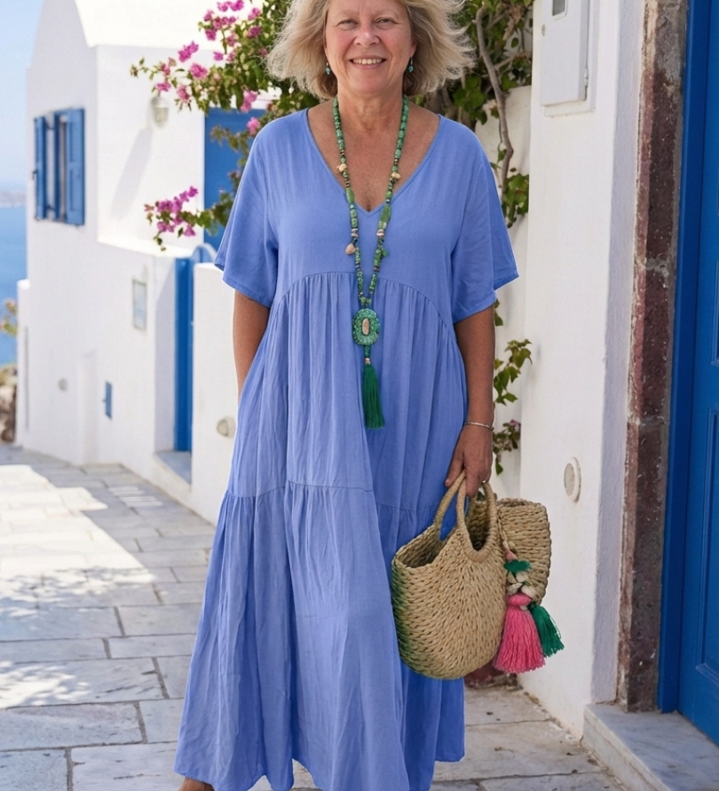 Zinnia - blaues Stufen-Maxikleid mit Kurzarm