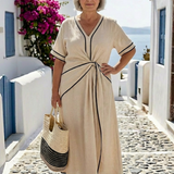 Linnea - Midikleid mit V-Ausschnitt, Kurzarm und gerafftem Bund