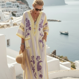 Aurelia - Maxikleid mit V-Ausschnitt, halben Ärmeln, Streifen und Blumenmuster