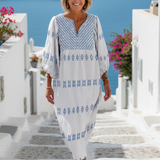 Evadne - besticktes Maxikleid mit V-Ausschnitt und langen Ärmeln