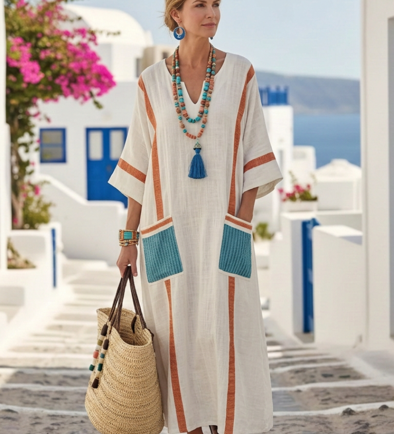 Noemi - Maxikleid mit V-Ausschnitt, halben Ärmeln und Taschen