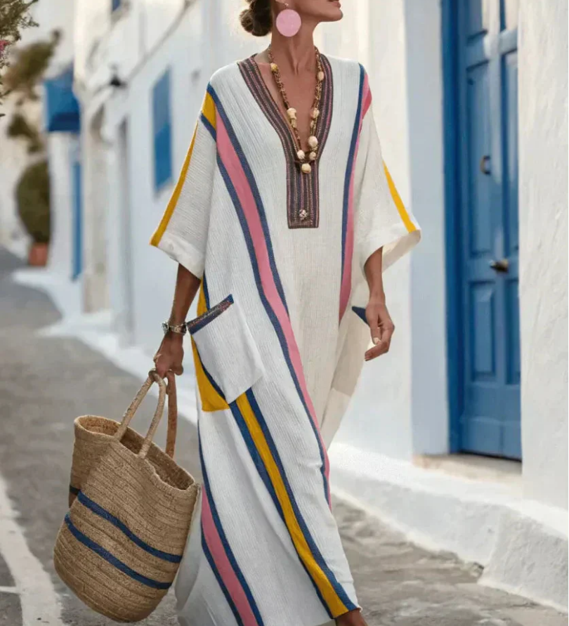 Noemi - Maxikleid mit V-Ausschnitt, halben Ärmeln und Taschen