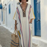 Noemi - Maxikleid mit V-Ausschnitt, halben Ärmeln und Taschen