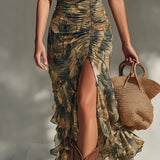 Helena - langes Kleid mit Print und Schlitz