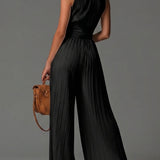 Abigail - plissierter Chiffon-Jumpsuit mit V-Ausschnitt, weitem Bein und Reißverschluss