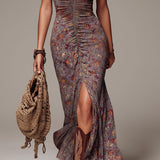Anselma - plissiertes Maxikleid in Graulila mit Blumenprint und Schlitz