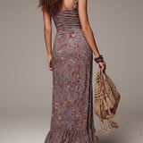 Anselma - plissiertes Maxikleid in Graulila mit Blumenprint und Schlitz