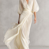 Sefa - elfenbeinfarbenes, transparentes Chiffonkleid