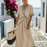 Linnea - Midikleid mit V-Ausschnitt, Kurzarm und gerafftem Bund